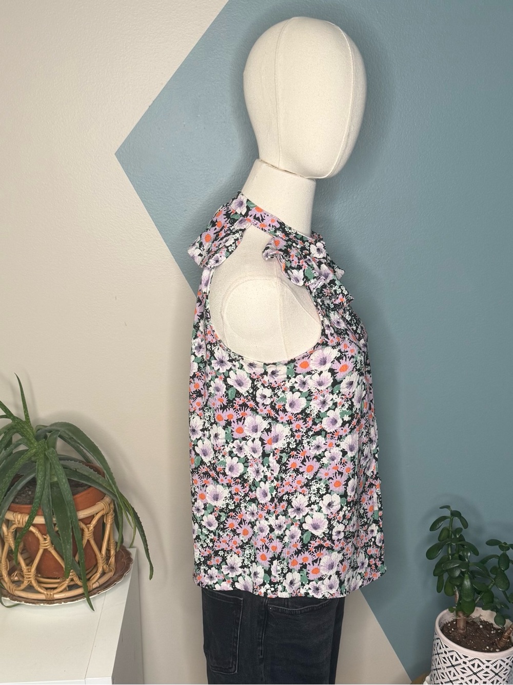 Anthropologie Floral Ruffle Neck Blouse Sleeveless Textured Boho Cottagecore S - Picture 4 of 10